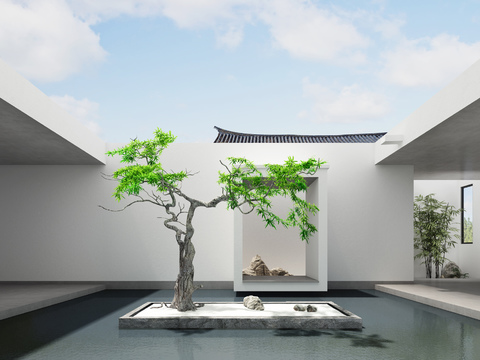 Neo-Chinese Style pool landscape tree courtyard gardening sketch