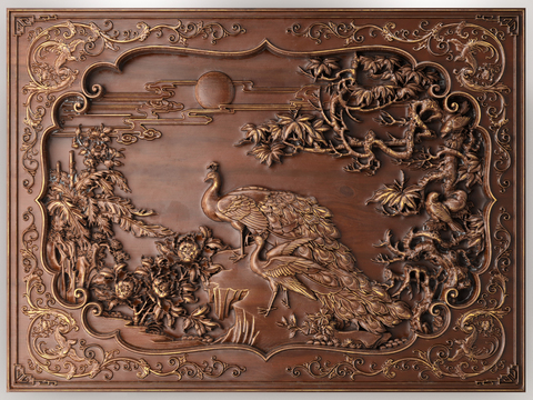 Chinese-style flower and bird wood carving components