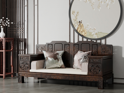 Chinese-style carved double sofa Luohan bed