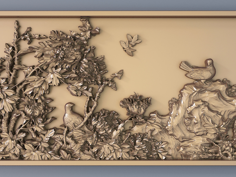 Chinese peony flower bird relief