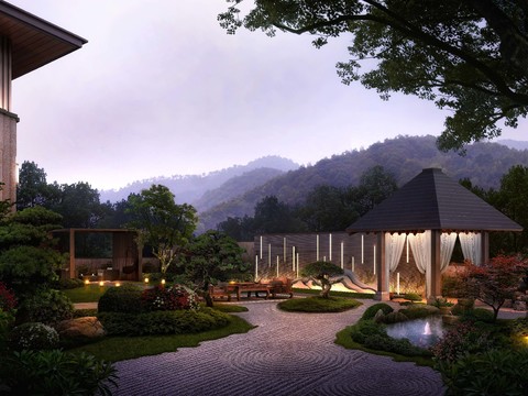 new chinese residential garden night landscape psd