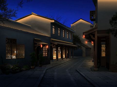 Neo-Chinese Style residential building exterior night scene psd