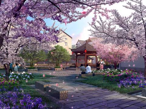 Chinese Park Peach Blossom Tree Rest Pavilion Pavilion psd