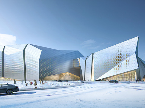 Modern Special-shaped Office Building Appearance Snow Scene