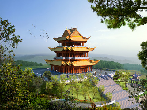 Chinese ancient building tower landscape psd