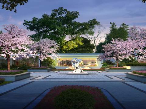 Neo-Chinese Style peach blossom tree Garden Landscape psd