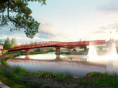 modern river-crossing bridge landscape psd