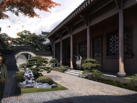 Neo-Chinese Style Garden Landscape psd