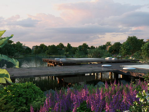 Modern Lakeside Plank Road Lavender Landscape