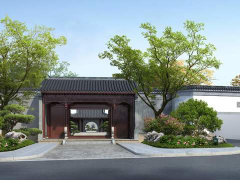 Neo-Chinese Style door head garden landscape psd