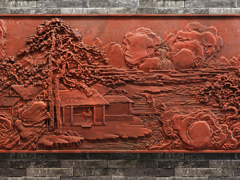 Chinese landscape wood relief