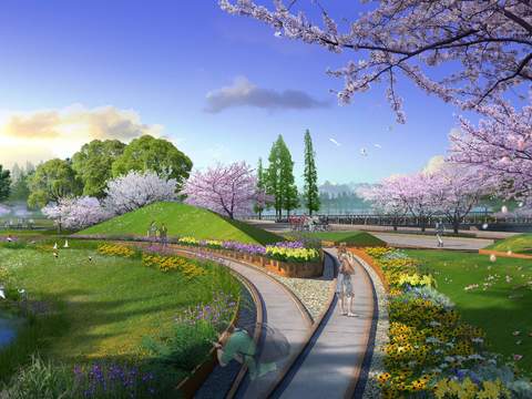 modern cherry blossom park landscape psd