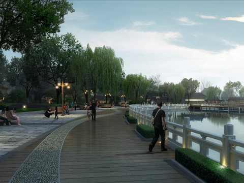 Neo-Chinese Style lakeside park landscape psd