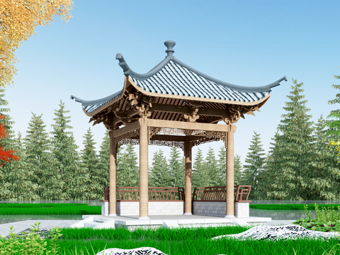 Neo-Chinese Style Four Corner Pavilion Free