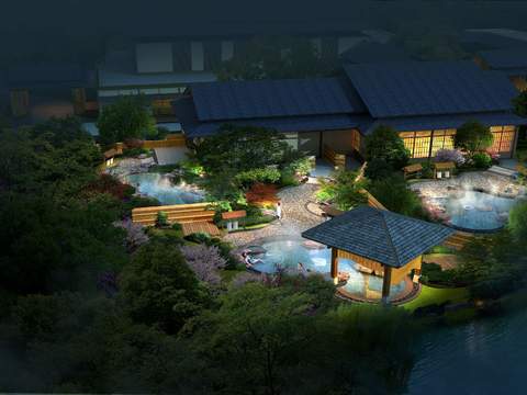 Neo-Chinese Style bubble hot spring building appearance bird's eye view psd