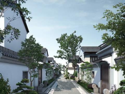 Neo-Chinese Style back courtyard path garden landscape psd