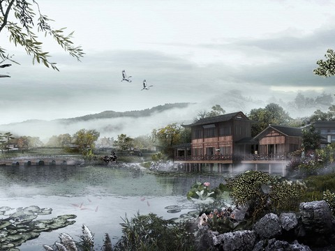 Chinese Lakeside Ancient Building Appearance psd