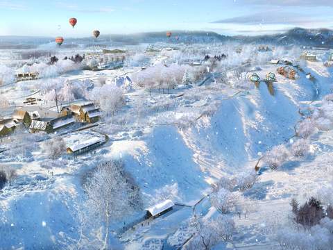 modern hot air balloon snow park bird's eye psd