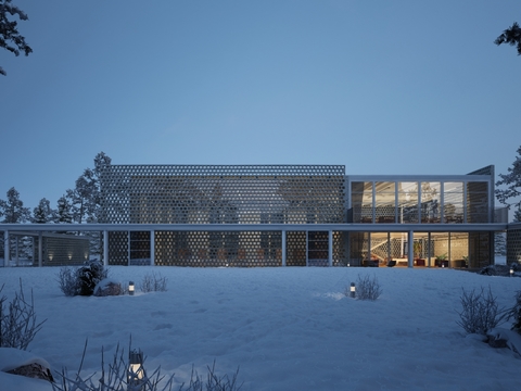 Modern building exterior snow scene