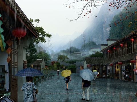 Neo-Chinese Style commercial street in the rain pedestrian street psd