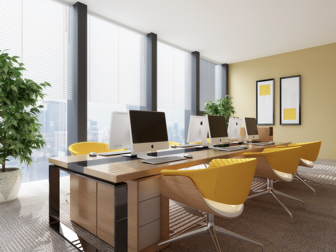 Modern office desk and chair computer potted plant combination