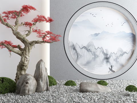 Neo-Chinese Style Red Maple Tree Stone Landscape Sick