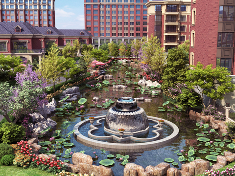 Landscape of fountain pool in Jianou residential district