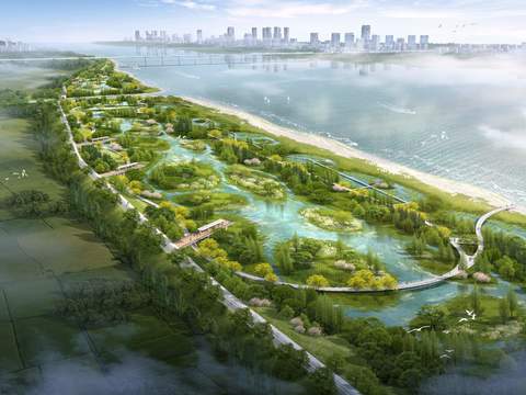 modern wetland garden bird's-eye view psd