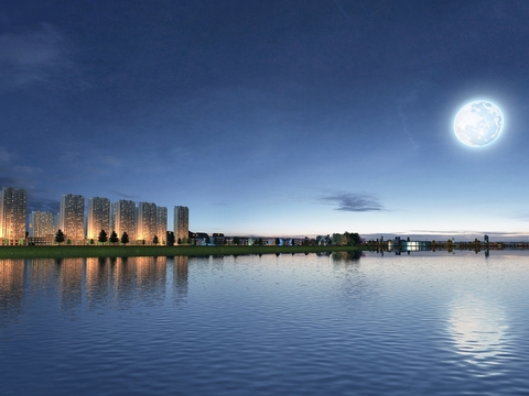 Modern residential building landscape at night