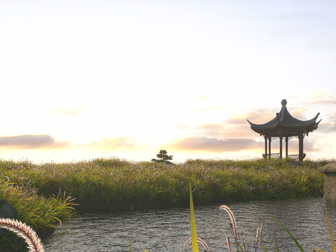 Neo-Chinese Style Viewing Pavilion Pond Waterscape