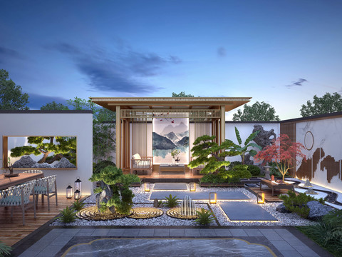 Neo-Chinese Style Villa Courtyard Night View