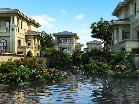 European-style single-family villa with waterscape