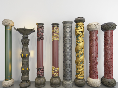 Chinese-style Panlong Column Carved Pillar