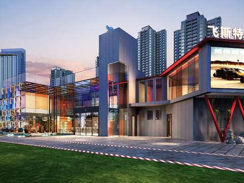 Modern stained glass clubhouse exterior night view