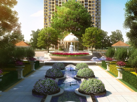 European-style residential atrium fountain landscape