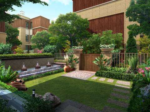 Neo-Chinese Style villa courtyard garden landscape psd