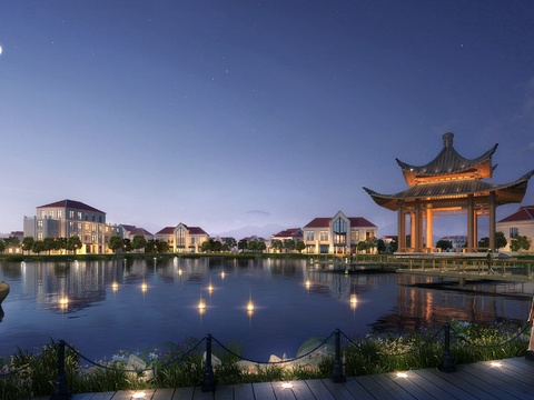 Neo-Chinese Style lakeside pavilion landscape night view