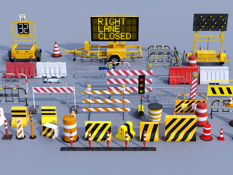 Barricade guardrail warning sign traffic light cone