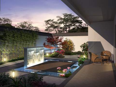 modern courtyard garden night view psd