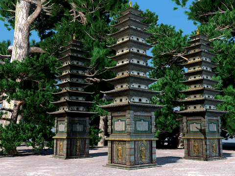 Chinese-style stupa pine forest landscape