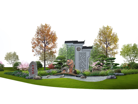 Neo-Chinese Style Wall fake stone landscape tree psd