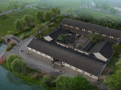 Neo-Chinese Style building appearance bird's eye view landscape psd