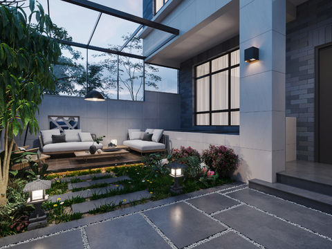 Modern Villa Courtyard Garden Night View