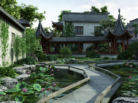 Chinese Ancient Garden Pond Landscape