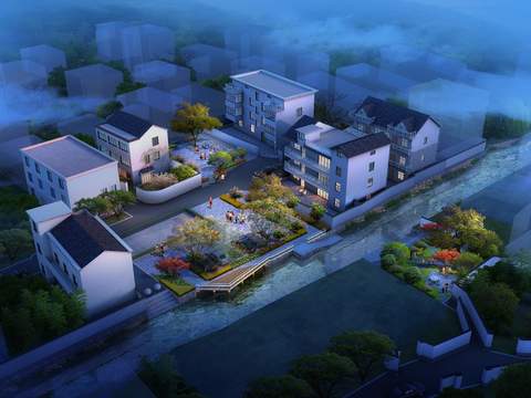 modern residential building bird's eye view night scene psd