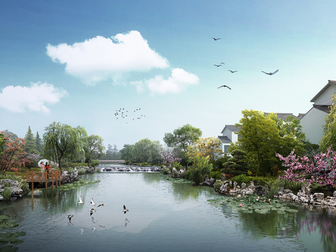 Neo-Chinese Style garden landscape psd