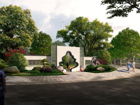 Neo-Chinese Style park entrance landscape psd