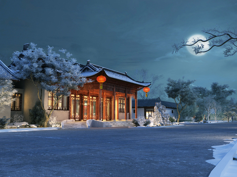 Chinese style ancient building appearance night view snow view