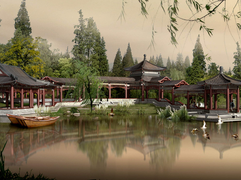 Neo-Chinese Style river ancient building pavilion pavilion psd