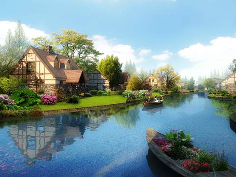 European style riverside villa area landscape psd